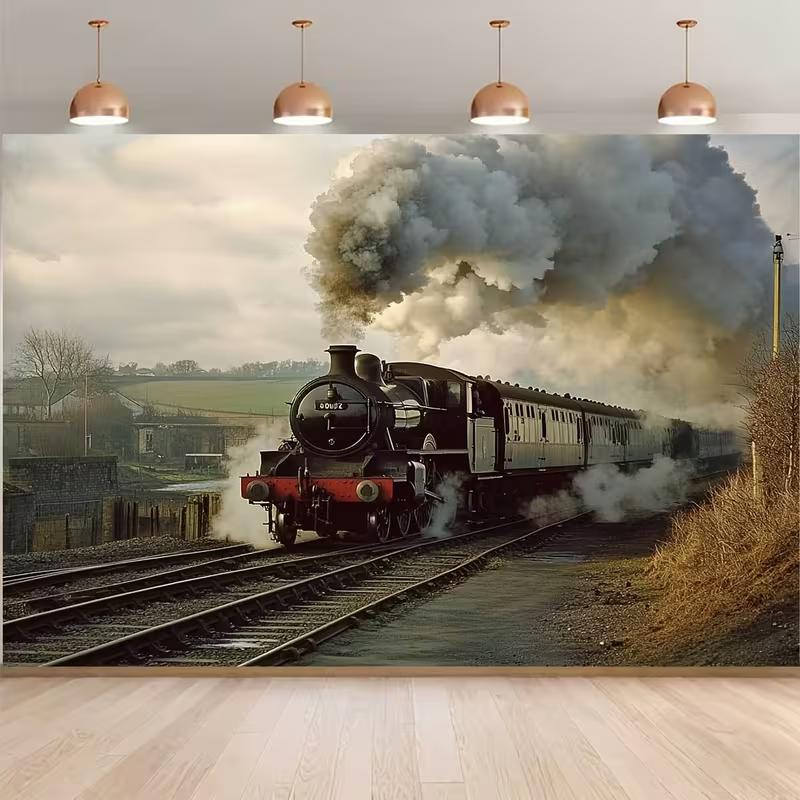 2D Black Steam Locomotive Backdrop Old Countryside Railway Photo Booth Background 47.2x31.5inch/120*80cm
