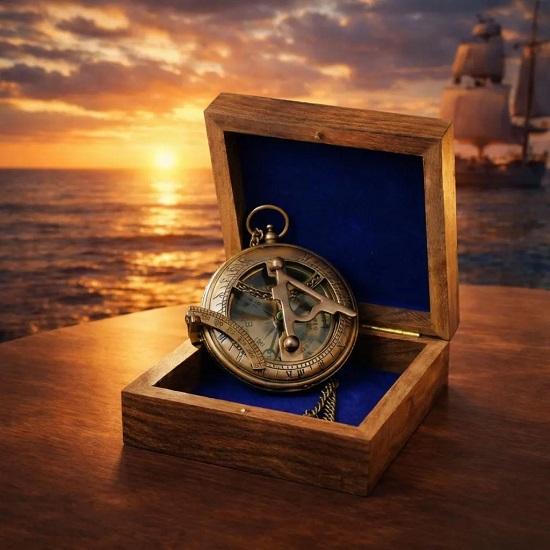 Brass Sundial Compass Nautical Gift with Wooden Box