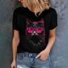 Women's Black T-Shirt With Cool Cat Design Casual Summer Style Round Neck Short Sleeve