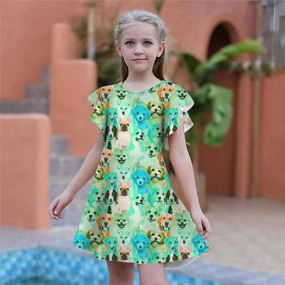 Vestidos Verdes con Estampado de Cachorros para Niñas Vestido de Fiesta para Niña Ajuste Holgado Ajuste Holgado Manga Corta Falda para Niñas Mayores de Cuatro Años