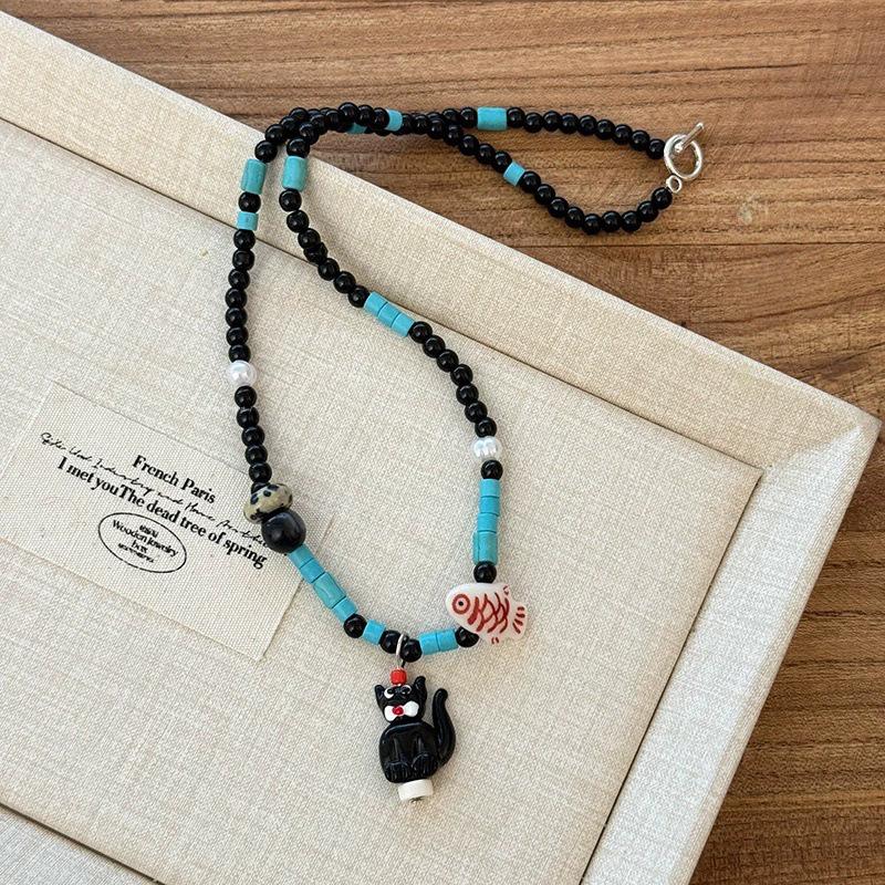 Dopamine Color Beaded Puppy Necklace Female Cute Sweet and Cool Unique Clavicle Chain Neck Chain