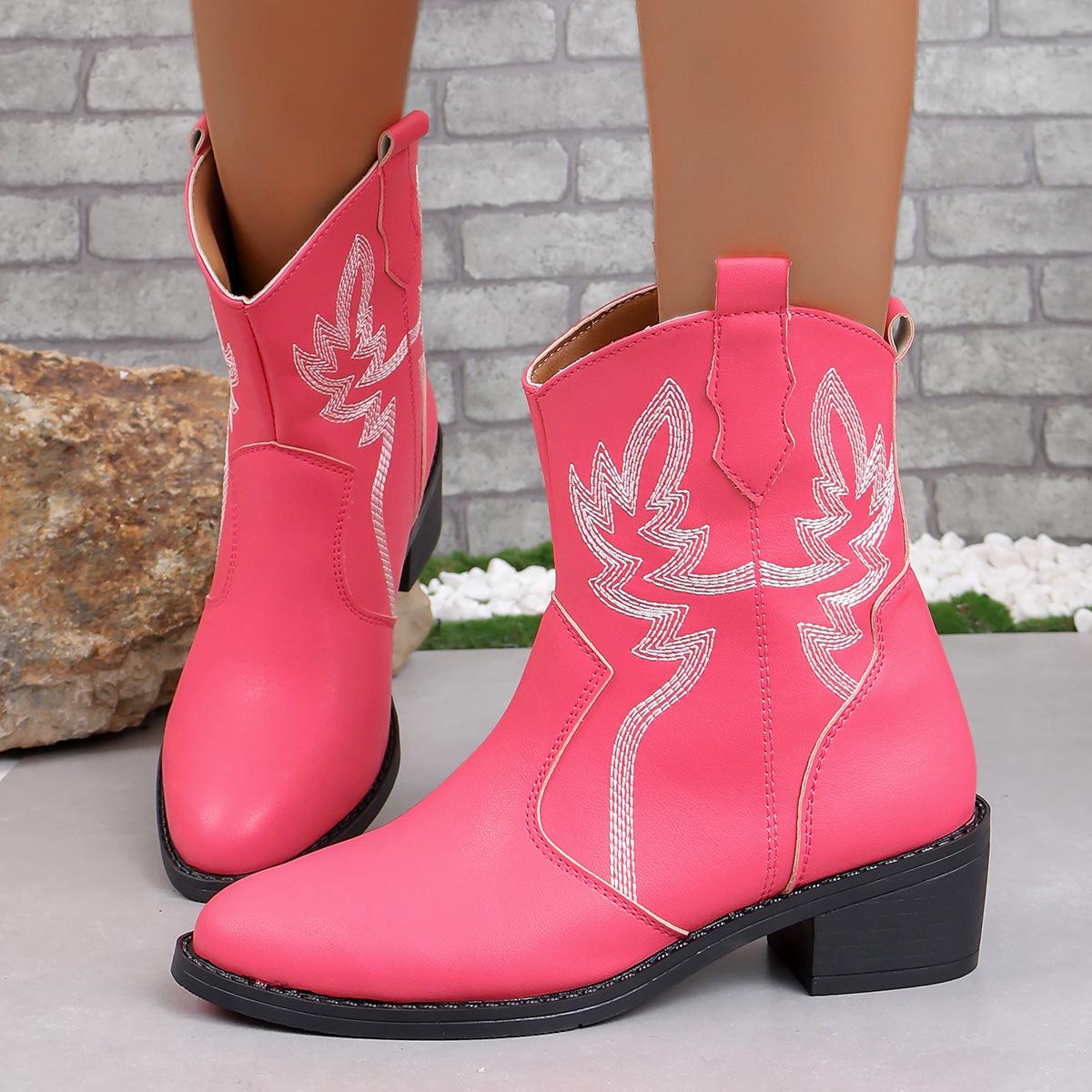 

Импортные товары большого размера 2025 года, осень-зима, новые европейские красивые женские кожаные ботинки с вышивкой, короткие женские ботинки «Челси» в стиле ретро 36 темно-розовый