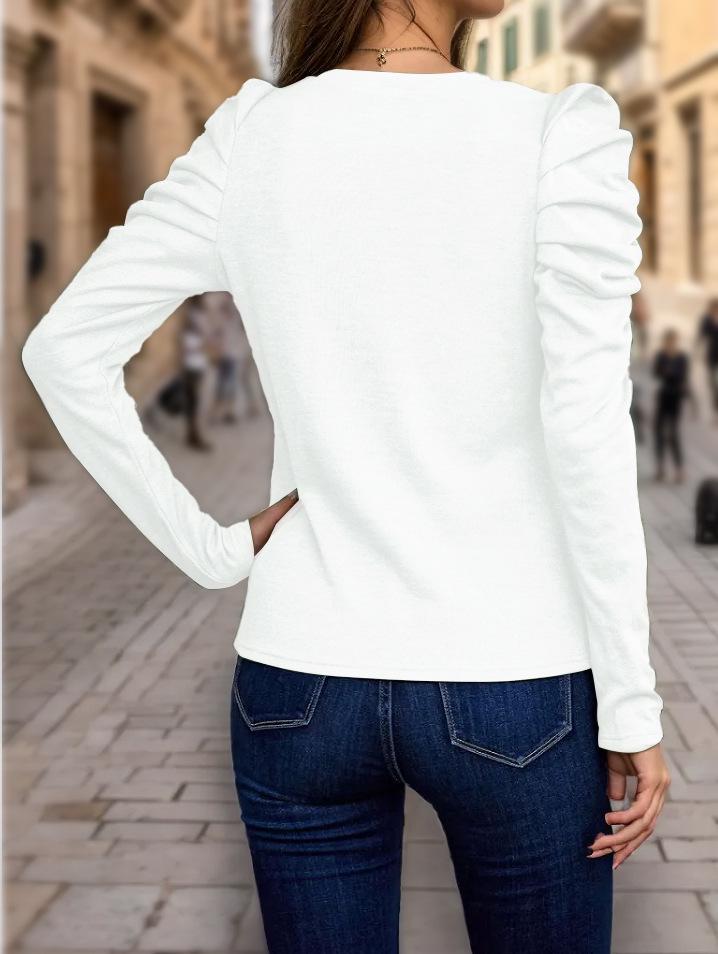 2024 Women's High-Elastic Cashmere Round Neck Slim Fit Puff Sleeve Long Sleeve Top for Autumn and Winter