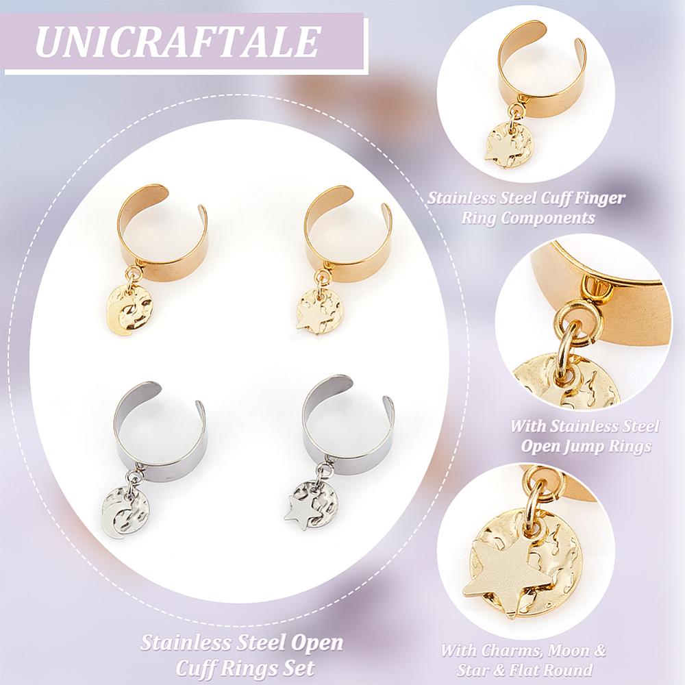 8Pcs 4 Style 304 Stainless Steel Open Cuff Rings Set with Charms Moon & Star & Flat Round Golden & Stainless Steel Color Inner Diameter: 17~18mm