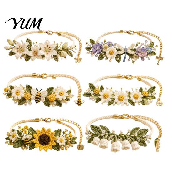 Relaxing Screen Free Activities DIY Crochet Bracelet Kit, Flower Craft Set with Beads, Stress Relief Arts And Crafts Floral Making Kit for Beginners,