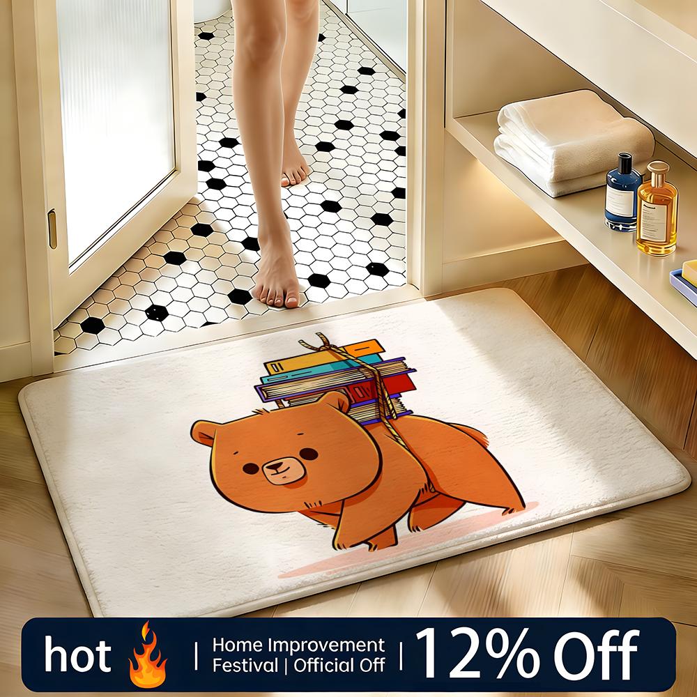 Soft Absorbent Non-Slip Rug Backpack-Wearing Bear Cub Floor Mat Home Decor Doormat Bedroom Floor Mat Shower Carpet