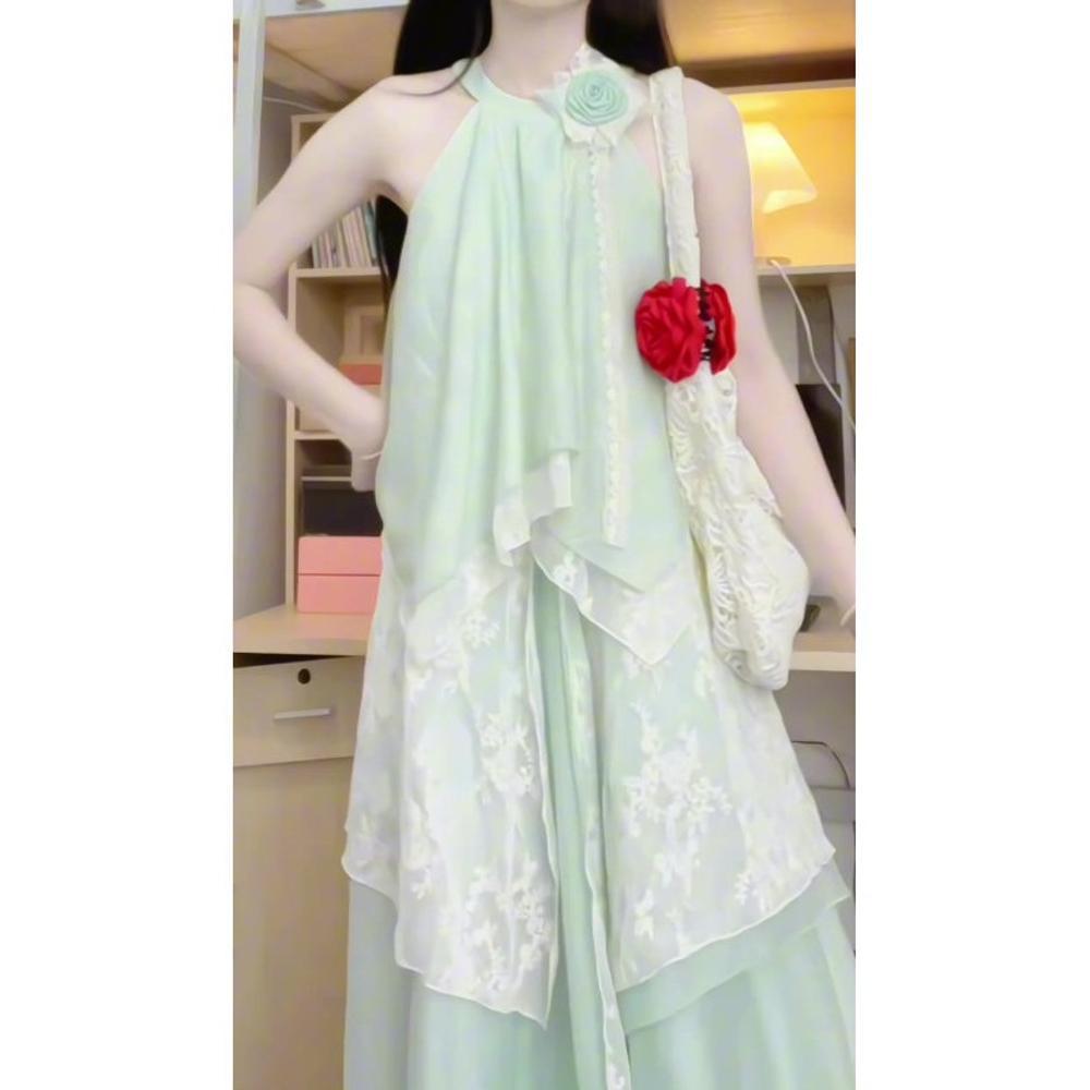 Irregular Lace Panel Loose Temperament Long Skirt Summer Resort Mint Green Sleeveless Halterneck Dress