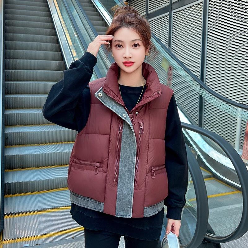 

New loose cotton vest denim splicing stand collar autumn and winter cotton vest vest down cotton vest women s outer wear XXL бордовый