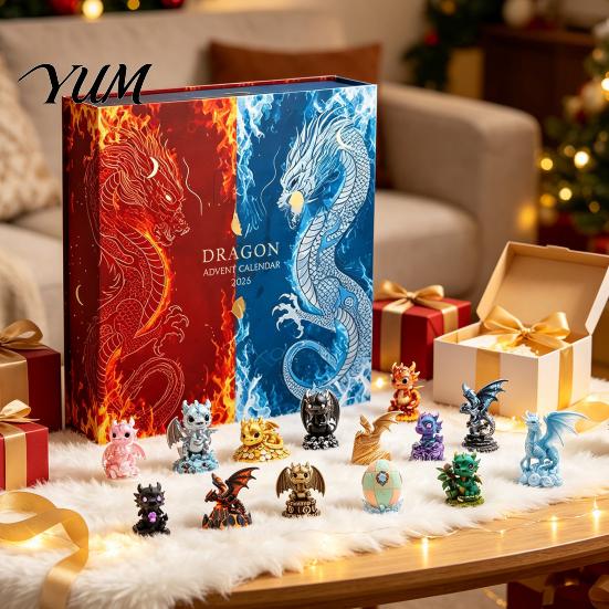 Unique Christmas Box Dragon Advent Calendar, 24 Days 2D Flat Acrylic Ornaments Day Surprise Calendar Countdown Fantasy Hanging Pendants for