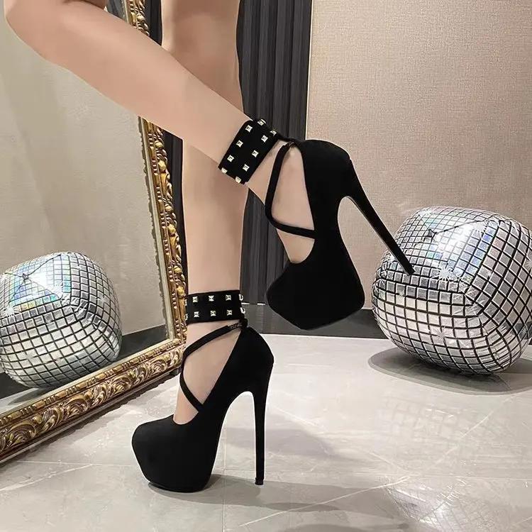 Women High Heel Fashion Metal Rivets Ankle Strap Platform Pumps Sandals Women Wedding Party Sexy Platform Stripper Design Shoes