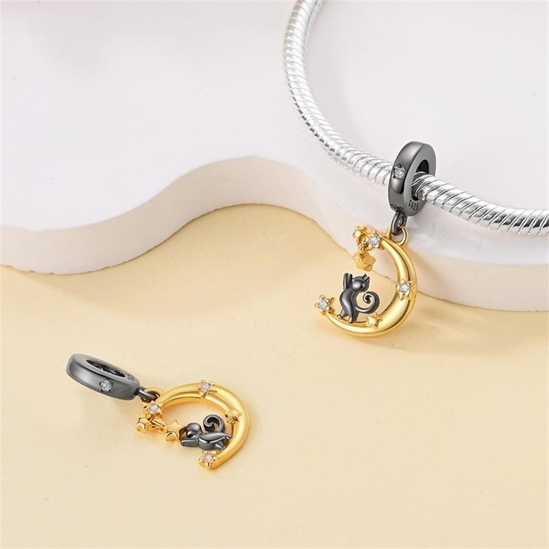 100%Stering Black Cat Charms Beads Moon Crescent Pendant Fit Original Bracelet Diy For Women Jewelry