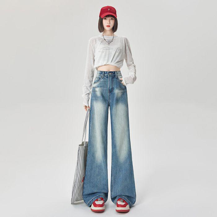 

Американская мода Вышитые синие расклешенные джинсы Женские свободные брюки в пол XS