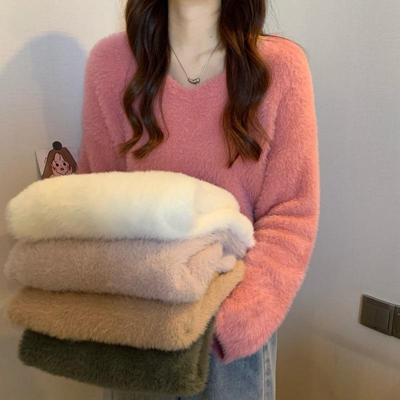 Autumn Winter V Neck Long Sleeve Pullover Women Sweater Female Solid Color Loose Office Knitted Tops Fashion Elegant Simple Clothing