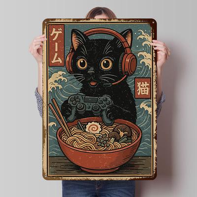 Gamer Cat Ramen Japanese Gaming Plate Poster Custom Wall Art Vintage Metal Signs Retro Plaque for Room Accessories Decor