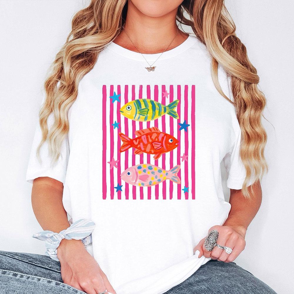 Bright Striped Fish Graphic Tee Y2k Pop Art Aesthetic Bold Pink Colorful Fish Print Nautical Summer Everyday Casual TShirt