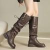 Cowhide version~ Genuine leather platform two through knee boots women's retro thick heel stacked boots western cowboy boots knight boots