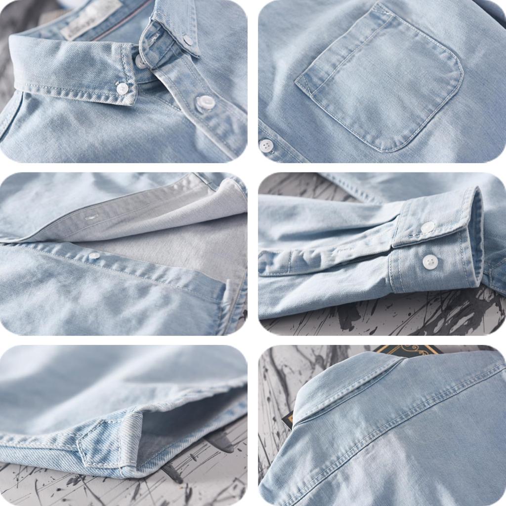 Drsshnx Denim Long Solid Casual Stylish and Light Size Perfect for Spring and Autumn Men's Shirt, Sleeve, Denim, Shirt, Elegant, Breathable, Blue,