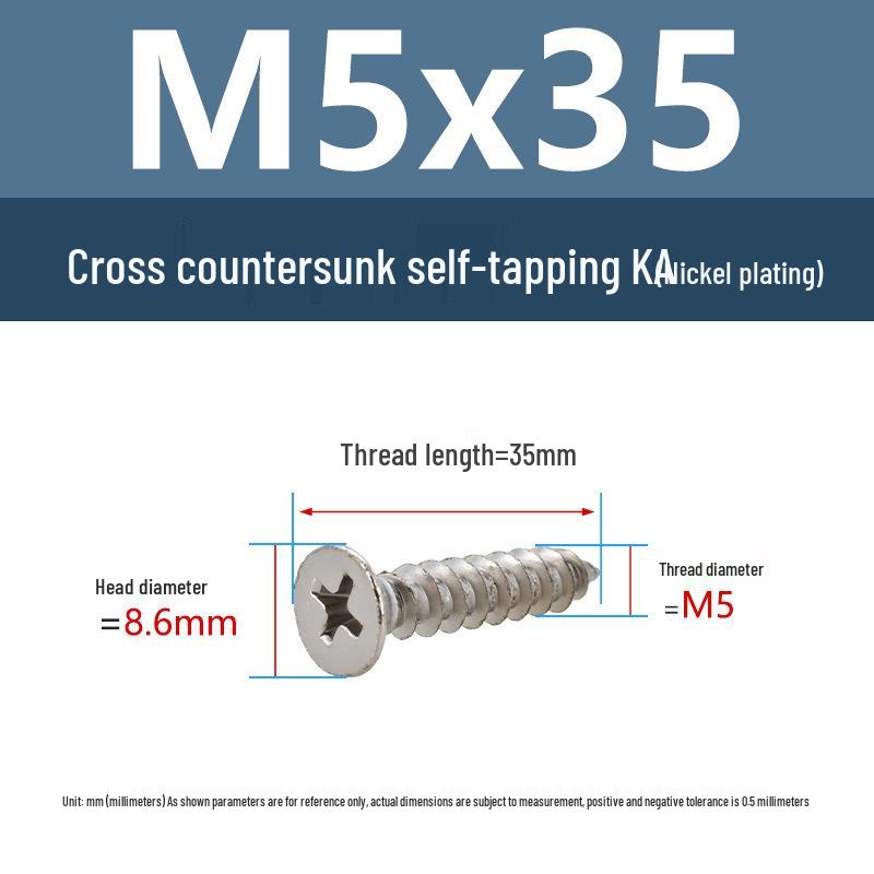 YiguYigu Nickel-Plated Phillips Flat Head Self-Tapping Screws M1-M5, Carbon Steel