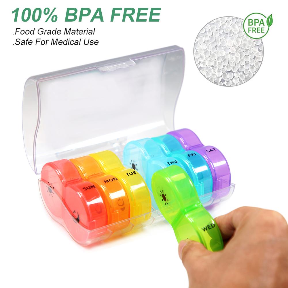 Portable Weekly 7 Days Pill Box Colorful Stackable 2 Times A Day Medicine Organizer Plastic Storage Box