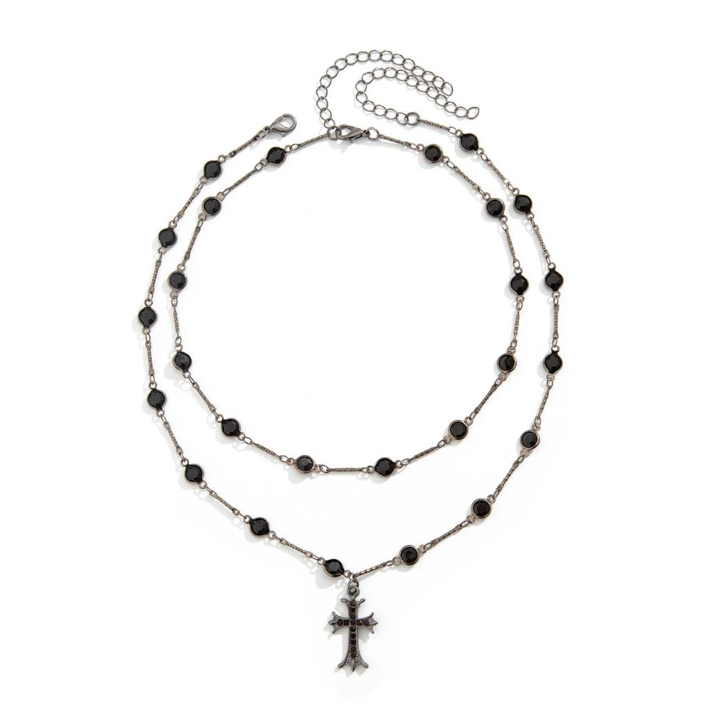 Dark Style Cross Double Layer Necklace Accessories for Women Halloween Personalized Alloy Hottie Clavicle Chain Jewelry Gifts