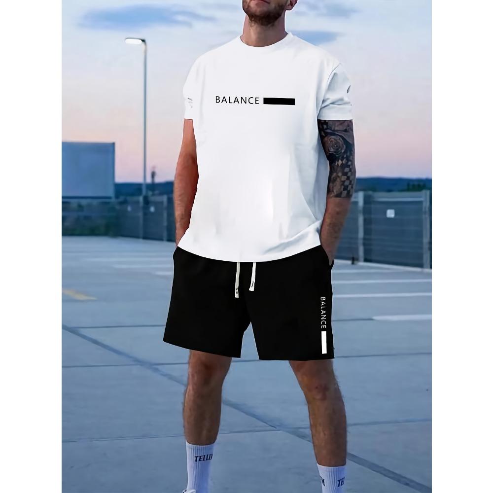 2026 Casual Men's Set Summer Apparel Color-Blocked Short-Sleeve Top Relaxed Drawstring Shorts Stylish Streetwear Ensemble