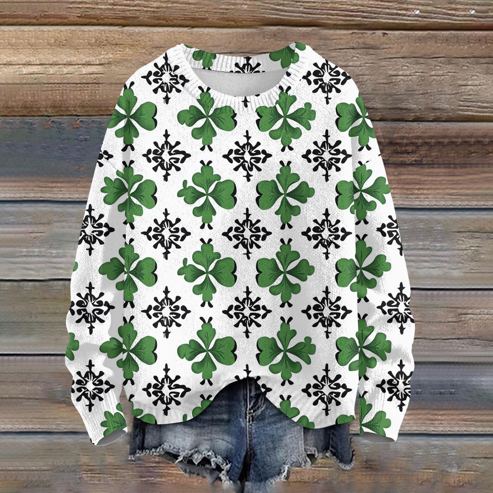 

Женская мода вскользь с длинным рукавом St. Вязаный топ с круглым вырезом и принтом ко Дню Святого Патрика L армия зеленый