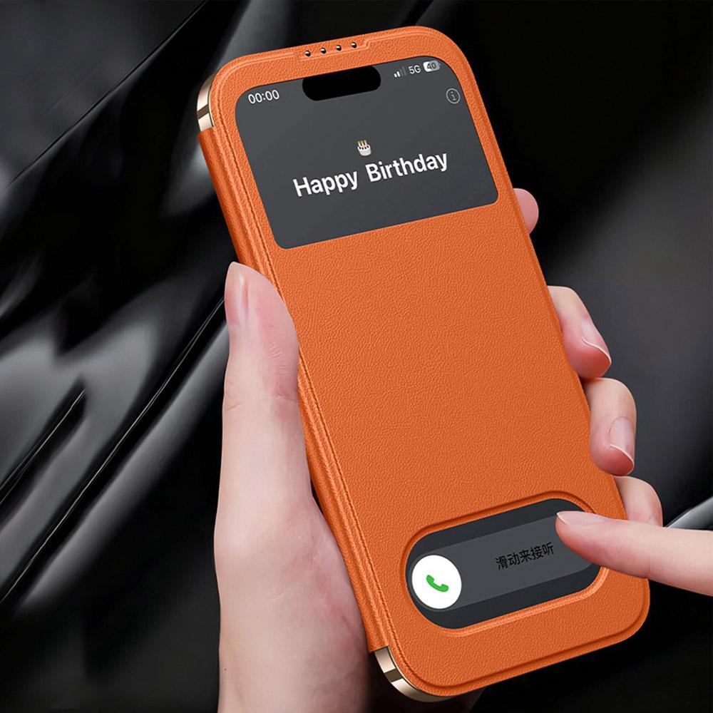 Funda de Cuero Genuino para iPhone 17 Pro Max, Funda Magnética con Ventana de Visualización Coque para iPhone17 17Pro, Tapa Flip con Protector de Lente