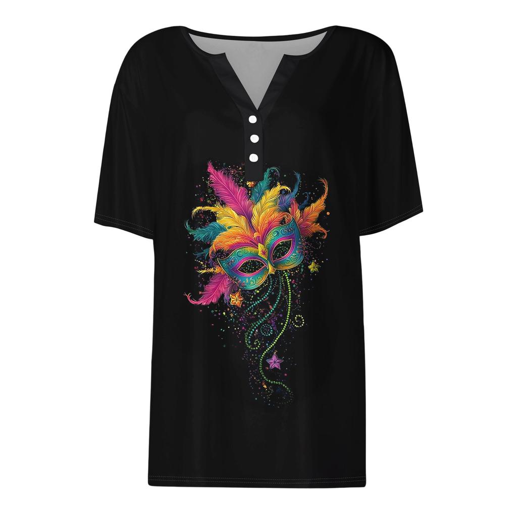 Damen-T-Shirt, T-Shirt, bedruckt, Knopfleiste, kurzärmelig, für den Alltag, Wochenende, modisch, Basic, V-Ausschnitt, normales Oberteil