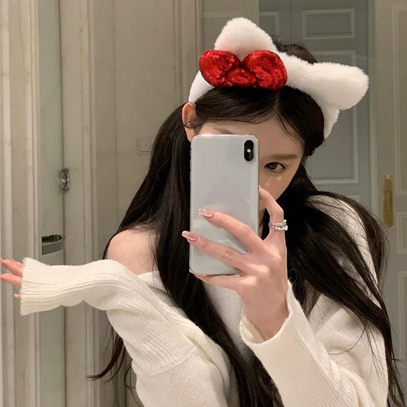 Super Cute Niche Hair Band Casual Cat Ear Plush Headband Used For Washing Face Sequin Bow Headband Women'S Photo Hair Accessory