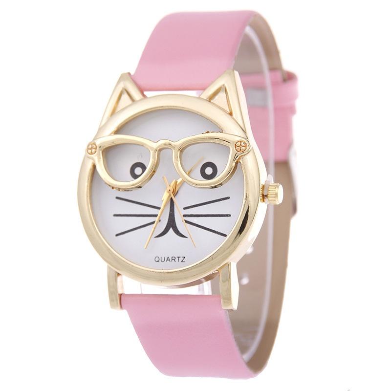 Cat Glasses Face Womens Watch Cartoon Solid Color No Word Gold Frame Daily Wear