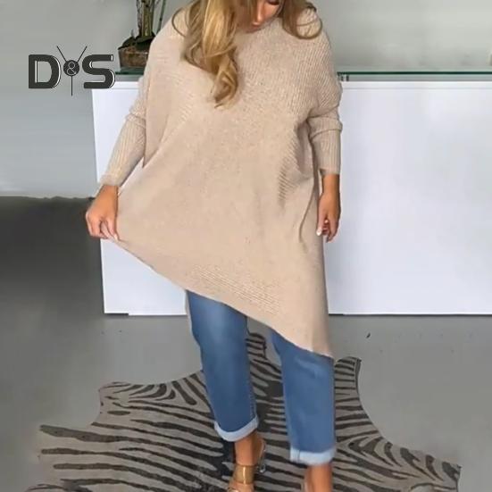 Women Tops High Collar Long Sleeve Solid Color Irregular Hem Pullover Tops Loose Fit Ribbed Tee Tops Daily Wear