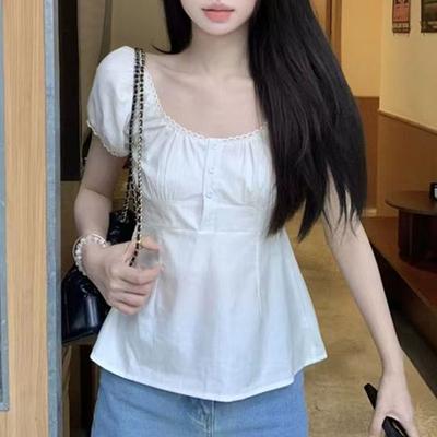 Women's White Square Neck Blouse Short Puff Sleeve Ruffled Trim Button Front Slim Fit Peplum Hem Casual Daily Fashion Top