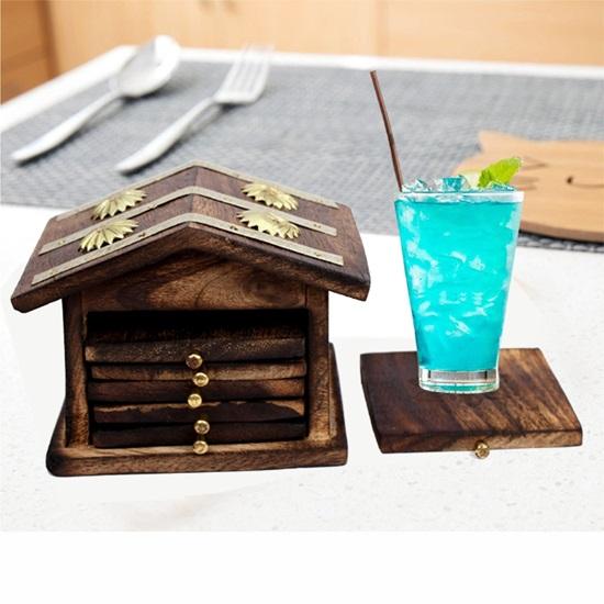 Wooden Home Wellness Tea Coaster In Decorative Hut Shaped Holder, Antique Finish Set of 6