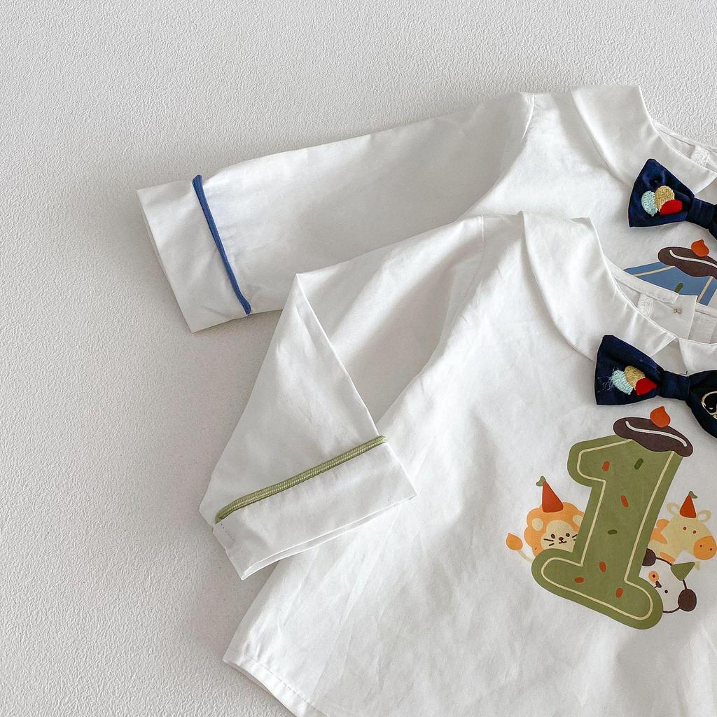 2026 Toddler Cartoon Bow Tie Shirt - Spring Birthday Outfit