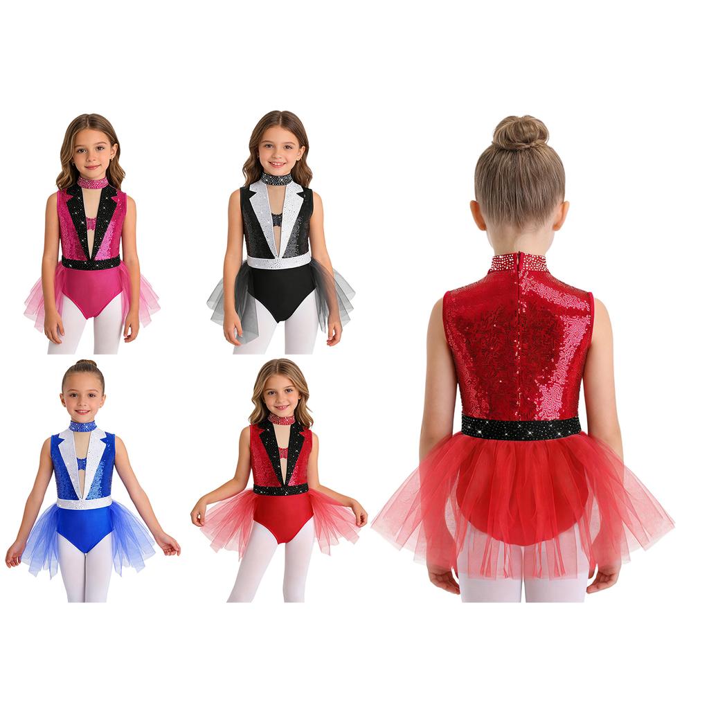 Girls Rhinestone Embellished Tutu Leotard Dress for Figure Skating Ballet Gymnastics Latin Jazz Ballroom Dance Performance