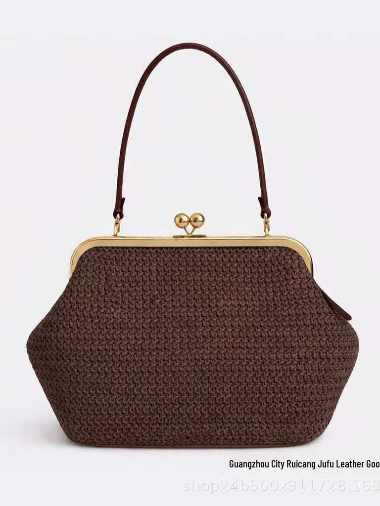 2026 Women's Handmade Mini Straw Shell Shoulder Bag with Kiss Lock Closure.