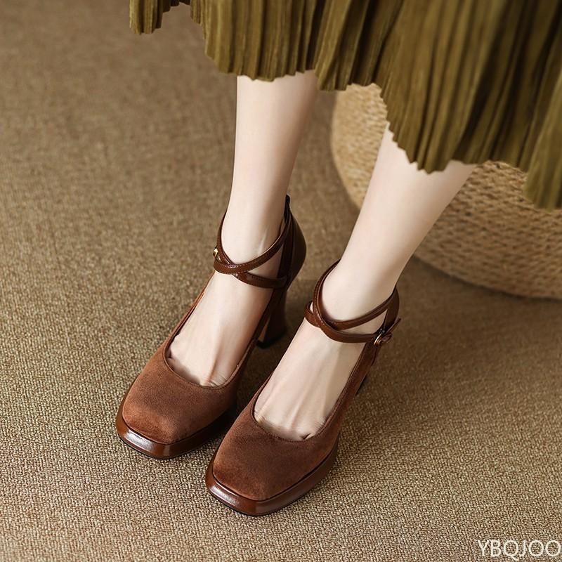 Elegant minimalist high heels new spring autumn retro cross strap fashionable versatile square toe shallow mouth women's shoes