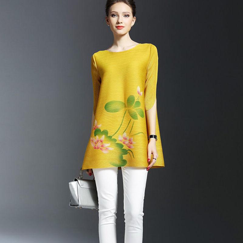 Pleated Dress Simple Medium Long Round Neck T-shirt Summer New Women's Five-point Sleeve Loose Print Half Sleeve Dress Tops