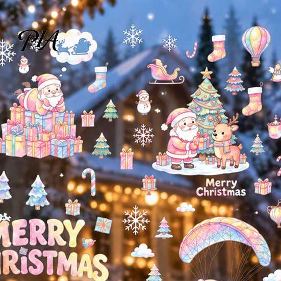 Winter Wonderland Ornaments 9Pcs Christmas Window Clings, Macaron Static Stickers, Glue Free Glass Stickers with PVC Decoration Sheets Santa Claus and