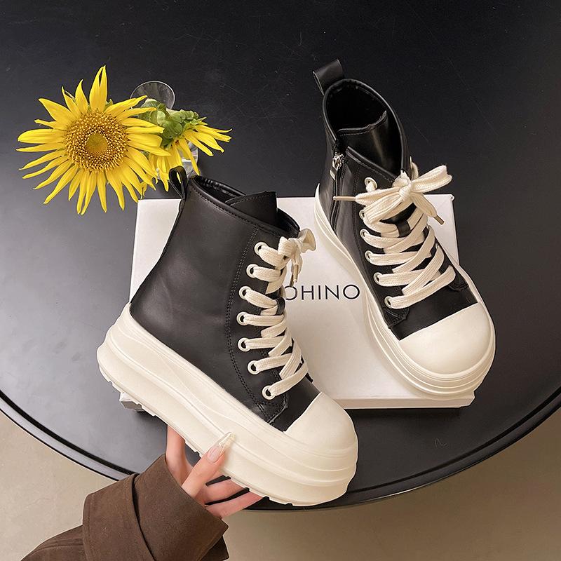 Imitation leather thick baseplate shoes women's autumn 2025 new versatile velvet round head lace-up side zipper casual bread shoes