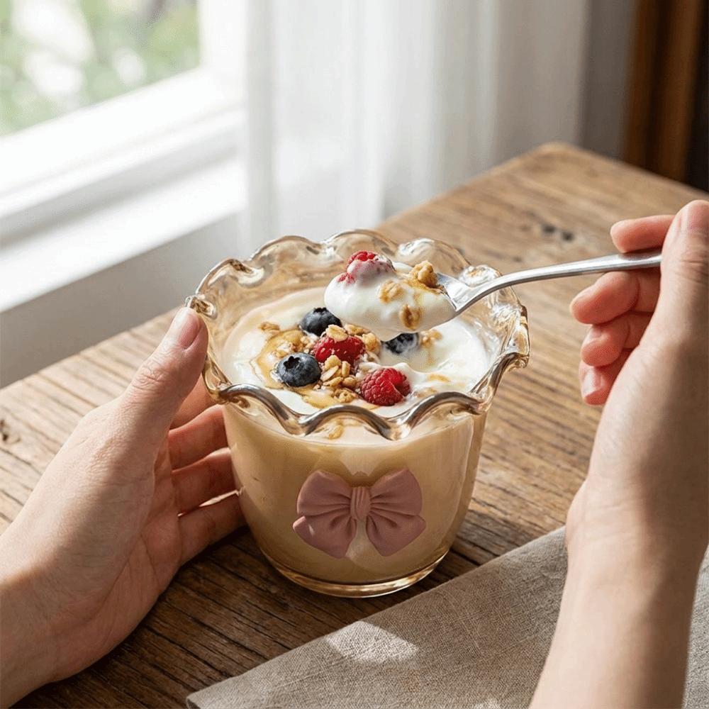 Salad Bowl Wide Mouth Dessert Bowl with Bow Aesthetic Glass Bowl Decorative Heat-Resistant Ice Cream Cup Breakfast