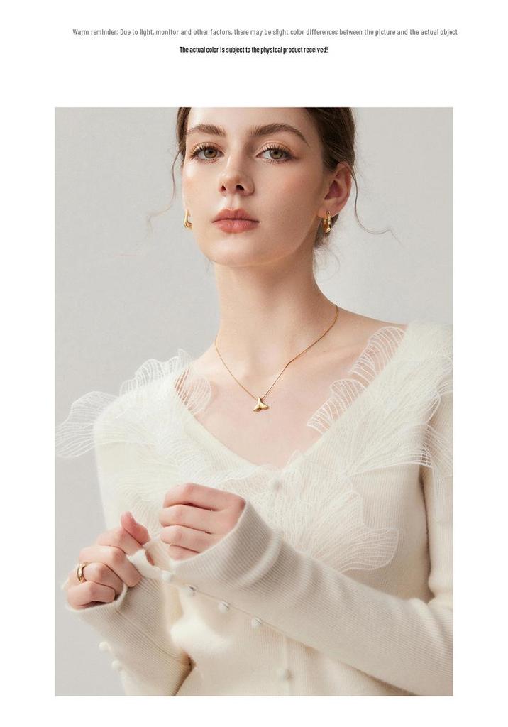 Women's Cloud Leaf Lace V-Neck Cashmere Sweater: Autumn/Winter Slimming Pullover, Single-breasted Base Layer Top.