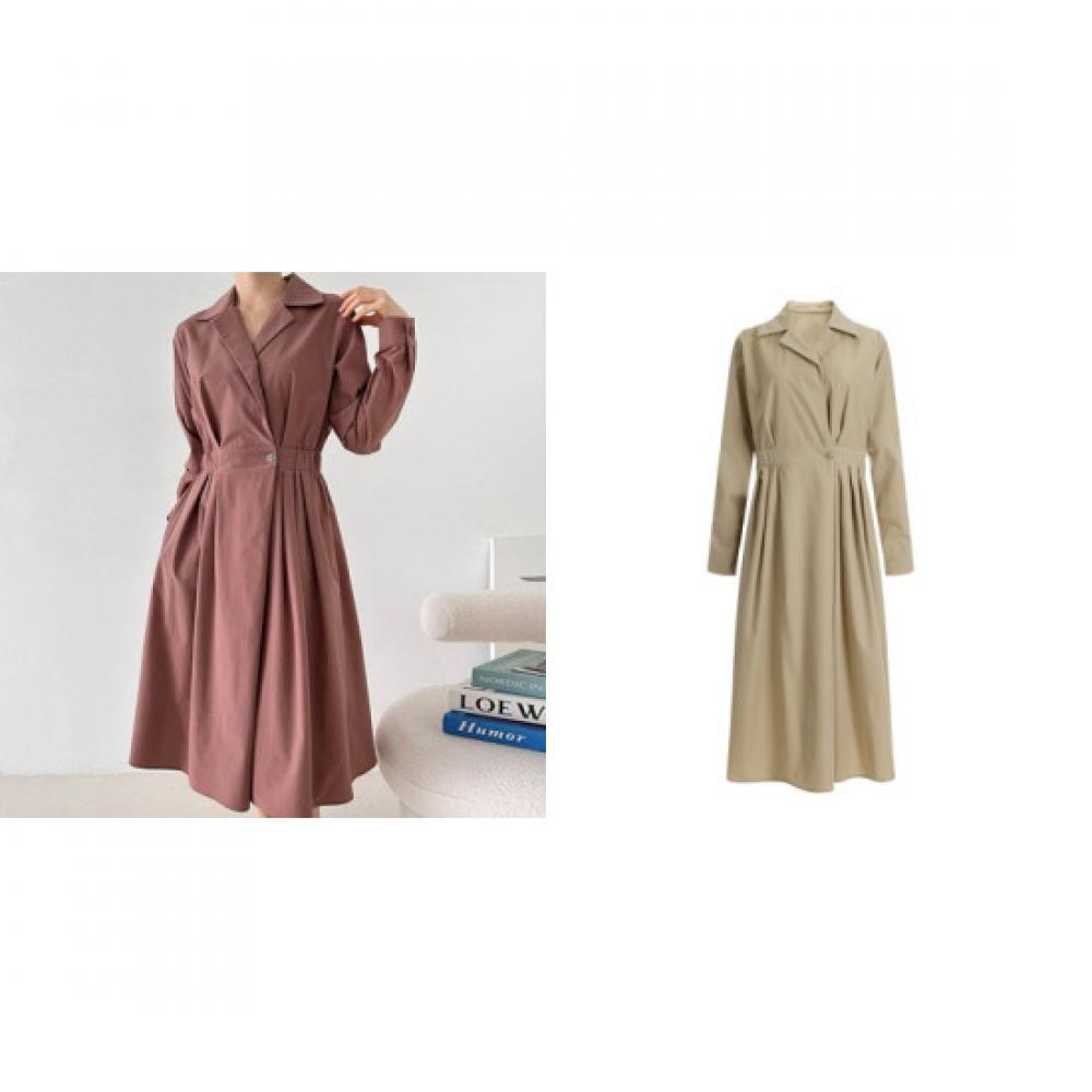 Shop   Women Flare Midi Long Dress With Collar Neck And Back Elastic Beige Cat W