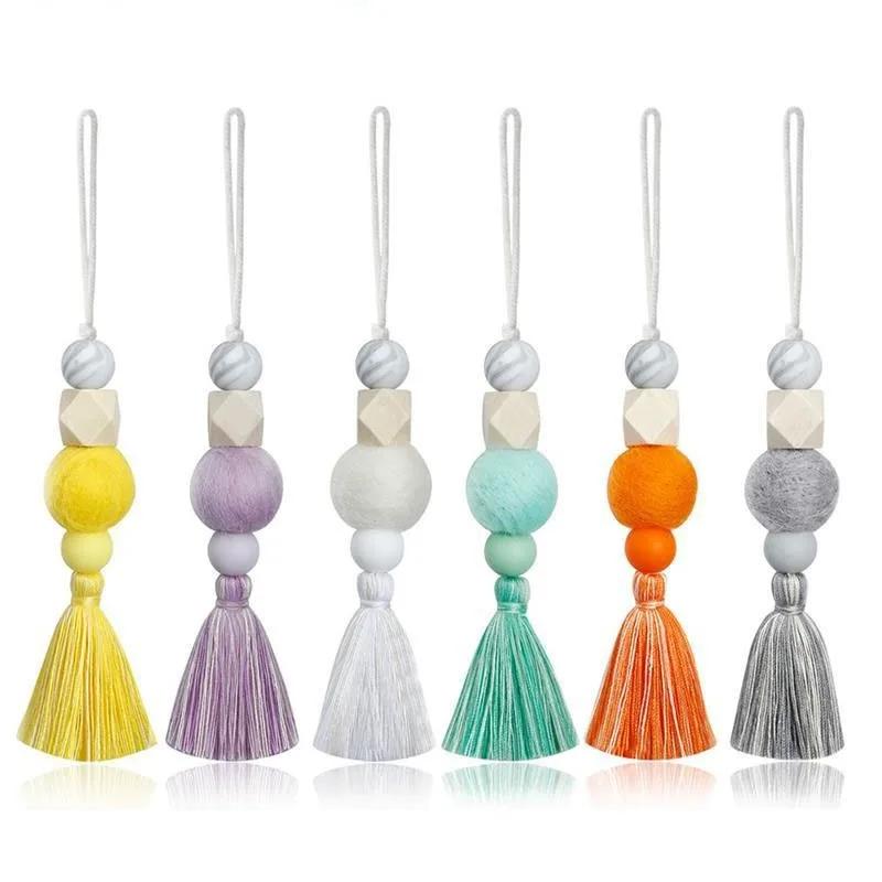 Car Interior Freshener Diffuser Fragrance Wooden Beads Felt Balls Cotton Thread Tassels Creative Handwoven Car Accessories