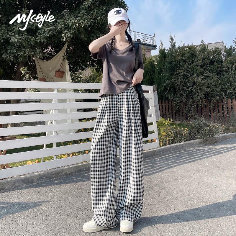 MJ STYLE Women's 2025 New Summer High-Waist Plaid Wide-Leg Casual Pants