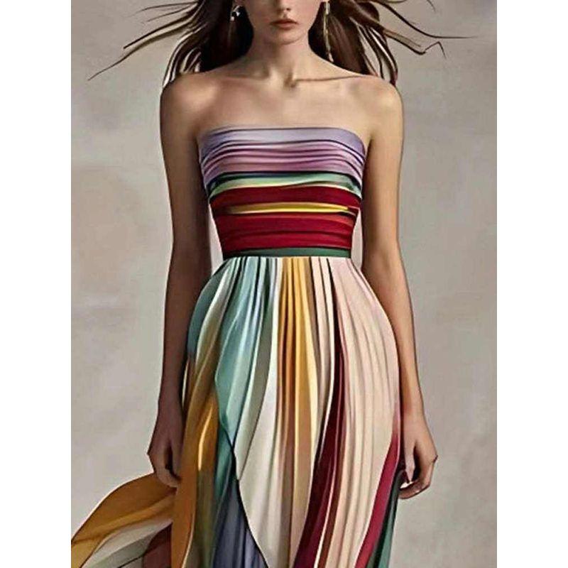 Spring and Summer New Outer Wear Underwear Color Elegant Tube Top Print Pleated Long Dress Silm Fashion Wind Dresses