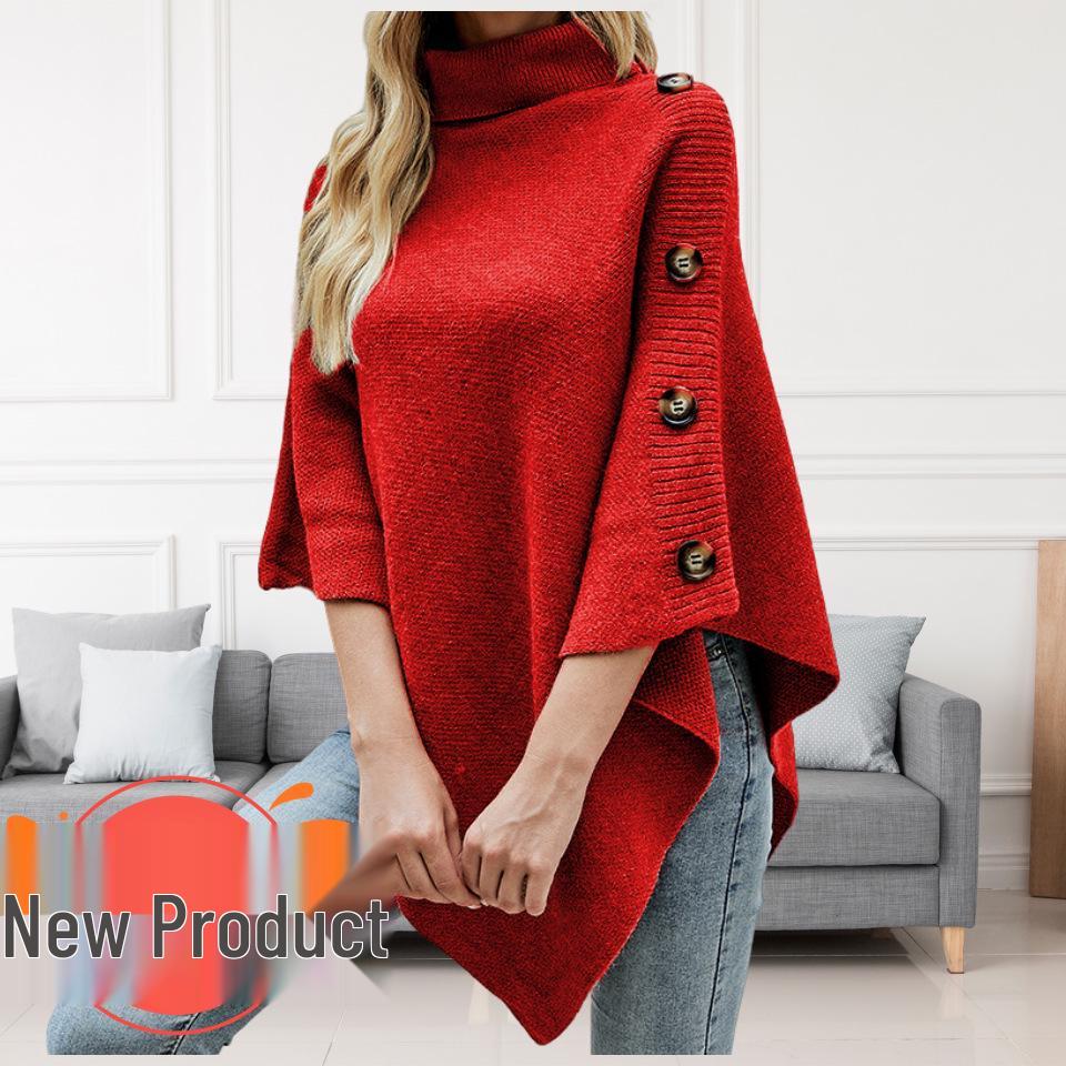 Evropský a americký pletený kardigan s vysokým límcem, jednobarevný šál, pončo s rozparky pro ženy