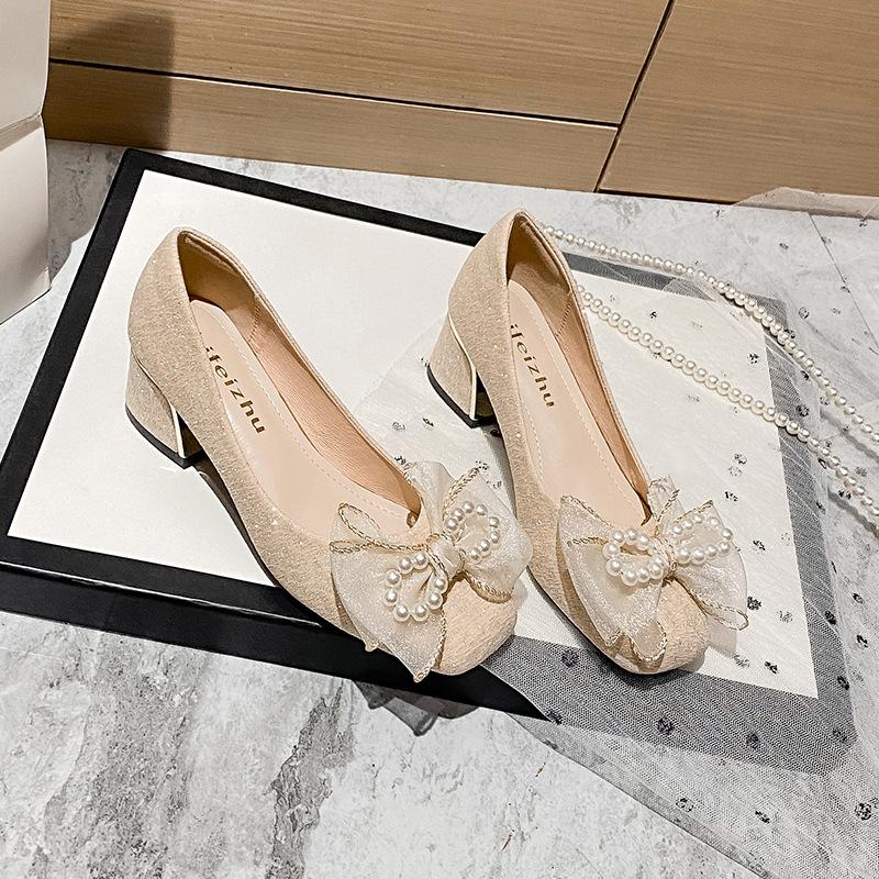 

Весенние новые туфли для женщин, модные туфли-лодочки, новые туфли на высоком каблуке с квадратным носком и жемчужным бантом, женские свадебные туфли-лодочки 35-43 43 хаки