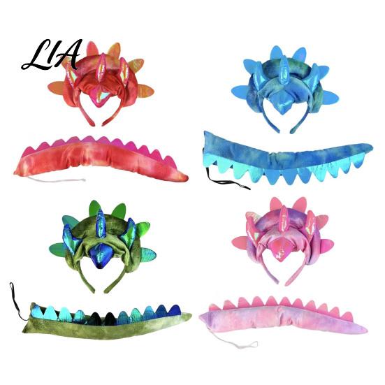 Dinosaur Outfit for Family Triceratops Headband and Tail Set Adults Kids, DIY Three Halloween Party Costume Horn Dragon Accessories Dress Up Role