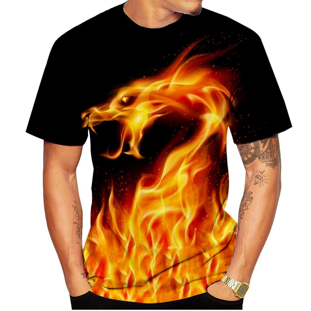 New fashionable colorful flame 3D printed t-shirt for men, summer casual short sleeves